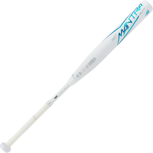 The 2023 Rawlings Mantra+ (-10) Fastpitch Softball Bat (RFP3MP10) features a white design with blue accents, a wrapped handle, PowerSync connection joint, and "Mantra" displayed in blue script along the barrel.