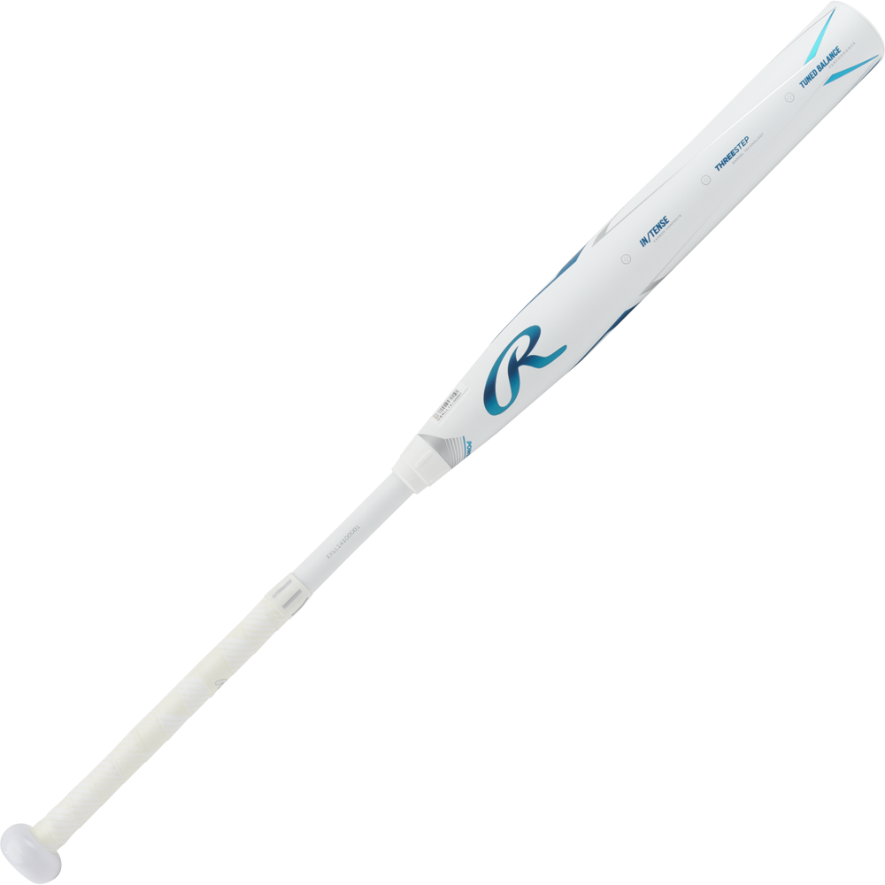 The 2023 Rawlings Mantra+ (-10) Fastpitch Softball Bat (RFP3MP10), featuring blue accents and a wrapped grip, is shown against a white background, highlighting its sleek fastpitch softball design.