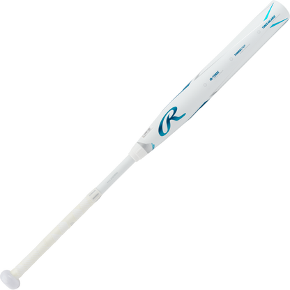The 2023 Rawlings Mantra+ (-10) Fastpitch Softball Bat (RFP3MP10), featuring blue accents and a wrapped grip, is shown against a white background, highlighting its sleek fastpitch softball design.