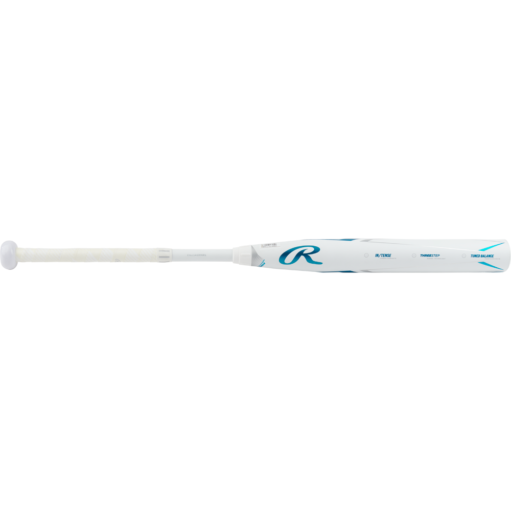 The 2023 Rawlings Mantra+ (-10) Fastpitch Softball Bat (RFP3MP10) is shown horizontally on a white background, featuring a white grip, blue accents, and the Rawlings logo near the barrel.