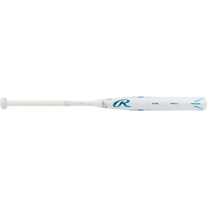 The 2023 Rawlings Mantra+ (-10) Fastpitch Softball Bat (RFP3MP10) is shown horizontally on a white background, featuring a white grip, blue accents, and the Rawlings logo near the barrel.