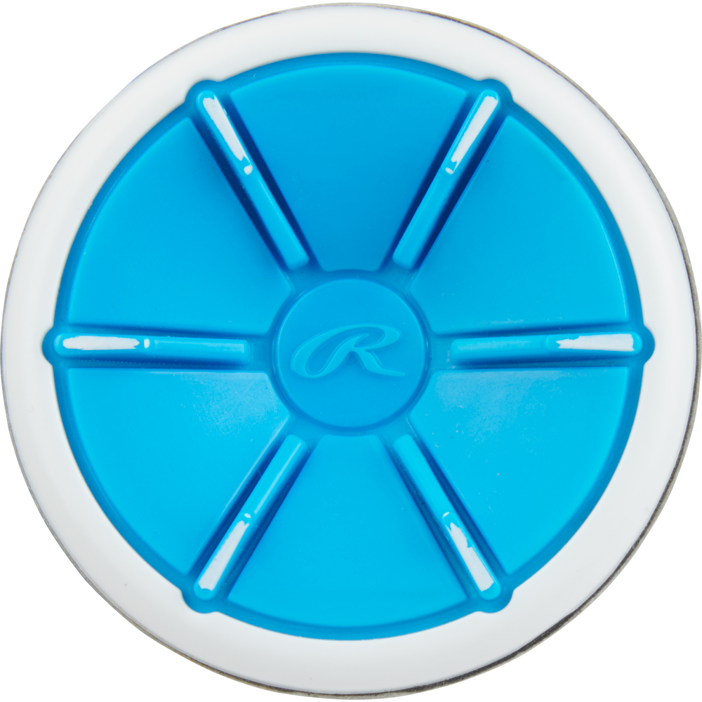 A round blue and white object with six raised blue spokes and a central R logo—ideal for fans of the 2023 Rawlings Mantra+ (-10) Fastpitch Softball Bat (RFP3MP10) and Rawlings brand innovation.