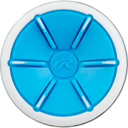 A round blue and white object with six raised blue spokes and a central R logo—ideal for fans of the 2023 Rawlings Mantra+ (-10) Fastpitch Softball Bat (RFP3MP10) and Rawlings brand innovation.