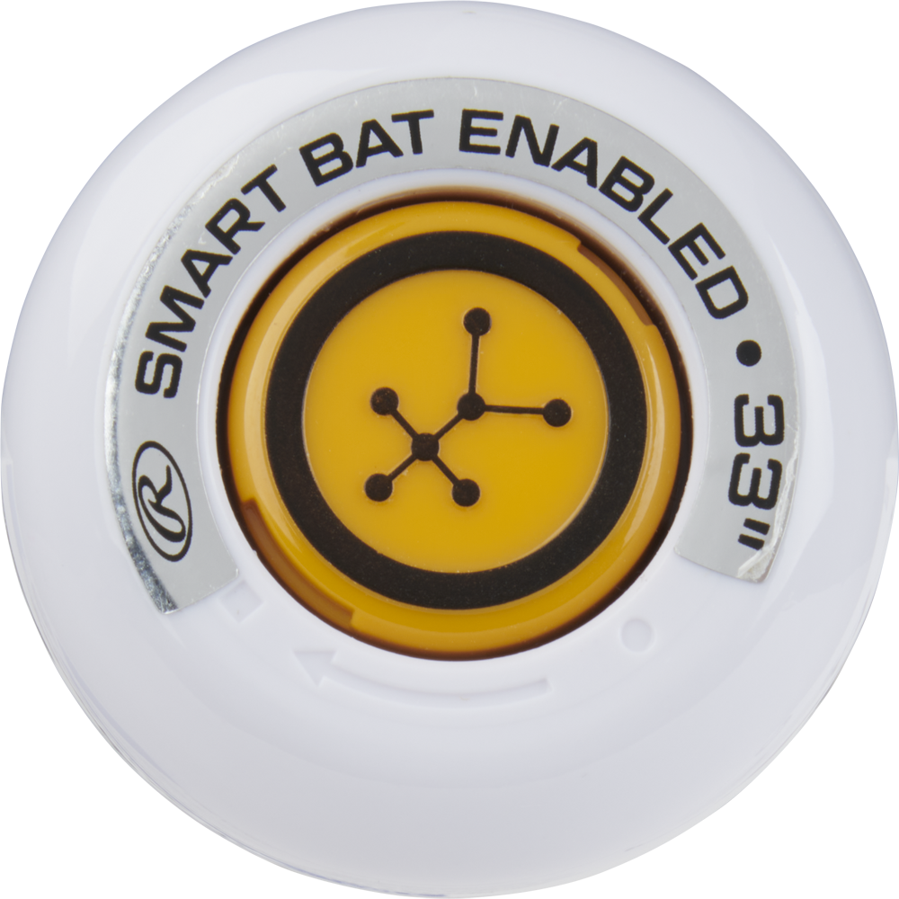 A close-up of a white and yellow SMART BAT ENABLED .33” device featuring a black network icon, designed for the PowerSync connection joint on the 2023 Rawlings Mantra+ (-9) Fastpitch Softball Bat: RFP3MP9 (USED).