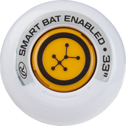 A close-up of a white and yellow SMART BAT ENABLED .33” device featuring a black network icon, designed for the PowerSync connection joint on the 2023 Rawlings Mantra+ (-9) Fastpitch Softball Bat: RFP3MP9 (USED).