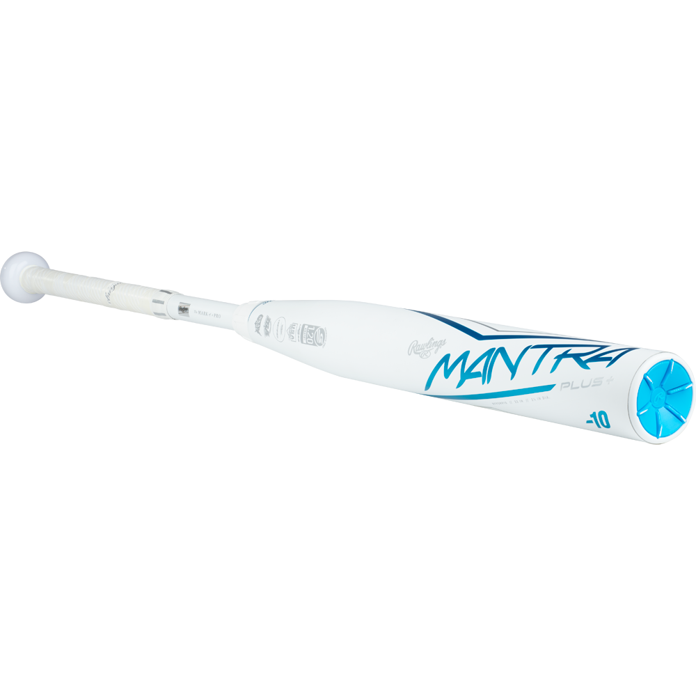 The 2023 Rawlings Mantra+ (-10) Fastpitch Softball Bat (RFP3MP10) in white and blue is shown on a white background, angled to highlight the barrel and grip.