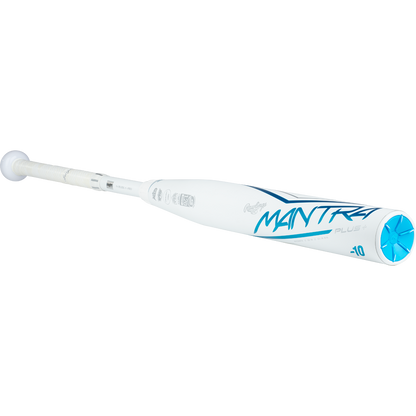 The 2023 Rawlings Mantra+ (-10) Fastpitch Softball Bat (RFP3MP10) in white and blue is shown on a white background, angled to highlight the barrel and grip.