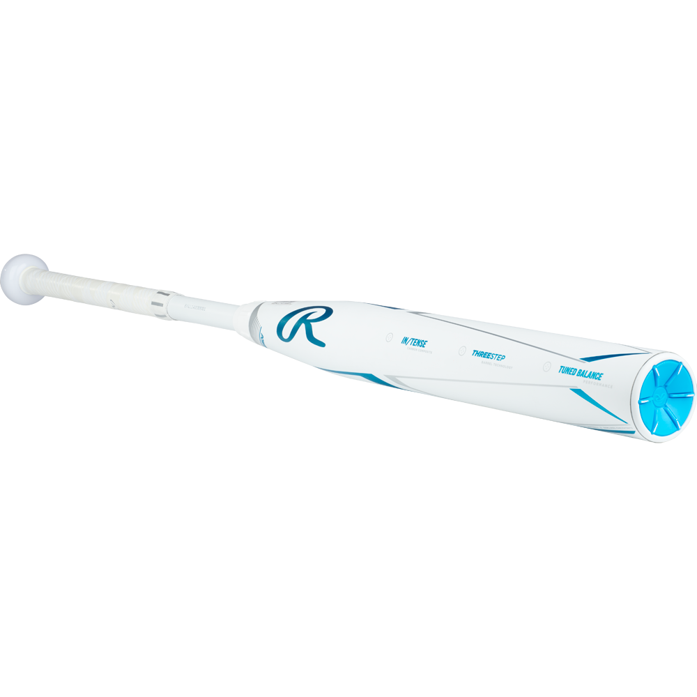 The 2023 Rawlings Mantra+ (-10) Fastpitch Softball Bat (RFP3MP10), in white and blue with a wrapped handle, PowerSync connection joint, and blue end cap, is shown on a white background.