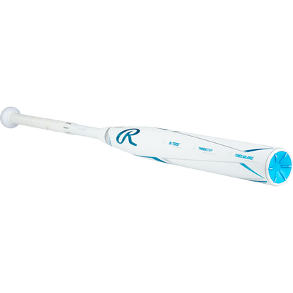 The 2023 Rawlings Mantra+ (-10) Fastpitch Softball Bat (RFP3MP10), in white and blue with a wrapped handle, PowerSync connection joint, and blue end cap, is shown on a white background.