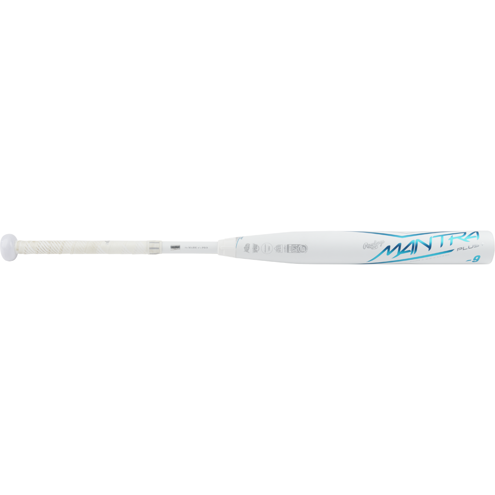 The 2023 Rawlings Mantra+ (-9) Fastpitch Softball Bat (RFP3MP9, USED) features a sleek white design with blue accents, PowerSync connection joint, and white grip—ideal for fastpitch softball play.