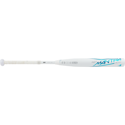 The 2023 Rawlings Mantra+ (-9) Fastpitch Softball Bat (RFP3MP9, USED) features a sleek white design with blue accents, PowerSync connection joint, and white grip—ideal for fastpitch softball play.