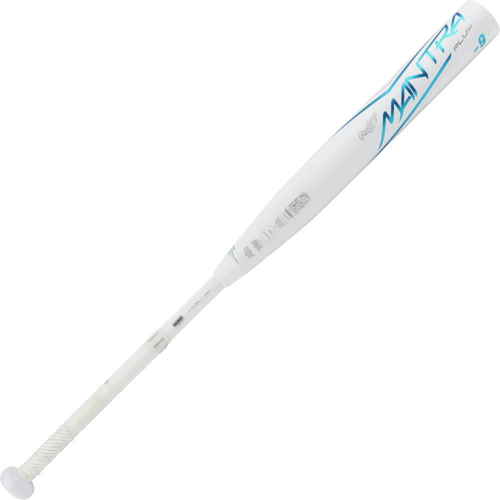 The 2023 Rawlings Mantra+ (-9) Fastpitch Softball Bat (USED) features blue branding, a textured white grip, slightly enlarged barrel end, and PowerSync connection joint for enhanced performance.