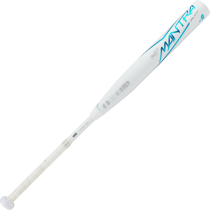The 2023 Rawlings Mantra+ (-9) Fastpitch Softball Bat (USED) features blue branding, a textured white grip, slightly enlarged barrel end, and PowerSync connection joint for enhanced performance.