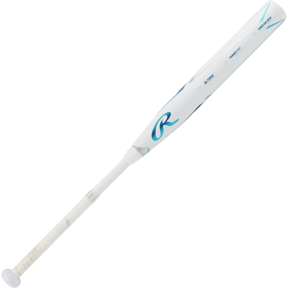 A used 2023 Rawlings Mantra+ (-9) Fastpitch Softball Bat (RFP3MP9) in white and blue, with a wrapped handle, PowerSync connection joint, and Rawlings branding, is shown against a plain white background.