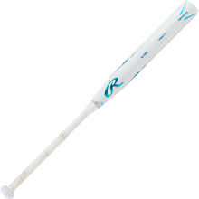 A used 2023 Rawlings Mantra+ (-9) Fastpitch Softball Bat (RFP3MP9) in white and blue, with a wrapped handle, PowerSync connection joint, and Rawlings branding, is shown against a plain white background.