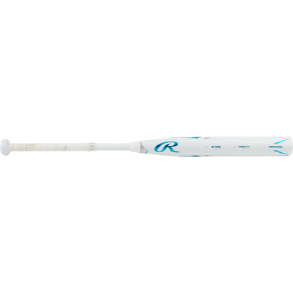 A used 2023 Rawlings Mantra+ (-9) fastpitch softball bat (RFP3MP9) in white and blue with a teal R logo, wrapped handle, blue barrel accents, and PowerSync connection joint, shown on a white background.