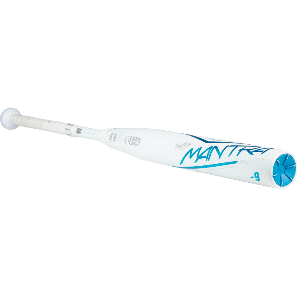 A used 2023 Rawlings Mantra+ (-9) Fastpitch Softball Bat (RFP3MP9) in white and blue, featuring "MANTRA" and "-9" on the barrel, white grip, blue accents, and PowerSync joint is shown against a plain light background.