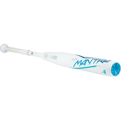 A used 2023 Rawlings Mantra+ (-9) Fastpitch Softball Bat (RFP3MP9) in white and blue, featuring "MANTRA" and "-9" on the barrel, white grip, blue accents, and PowerSync joint is shown against a plain light background.