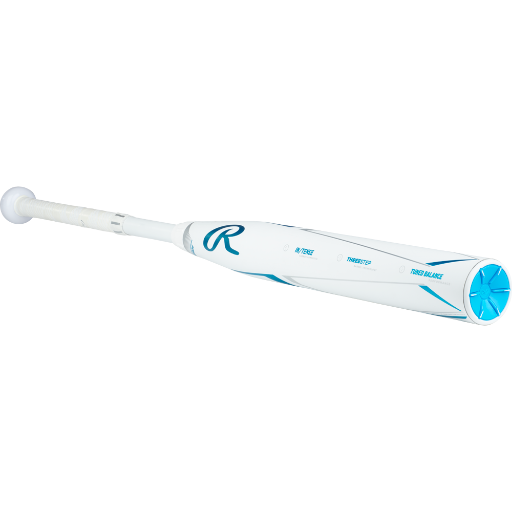 The 2023 Rawlings Mantra+ (-9) Fastpitch Softball Bat (RFP3MP9, USED) features a white design with blue accents, the R Rawlings logo, white grip tape, blue end cap, and PowerSync connection joint against a plain white background.
