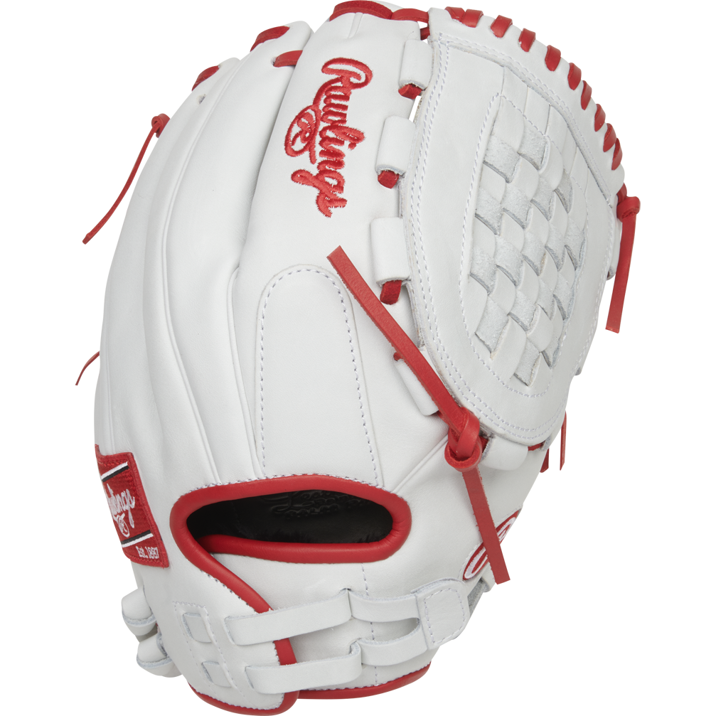The Rawlings Liberty Advanced 12.5" Fastpitch Glove (RLA125-3S) is a white glove with red stitching and laces, woven web design, and visible Rawlings branding on the thumb and back.