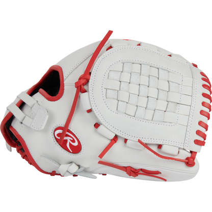The Rawlings Liberty Advanced 12.5" Fastpitch Glove (RLA125-3S) is a white glove with red lacing and trim, a woven web, and a red Rawlings “R” logo—ideal for serious fastpitch softball players.
