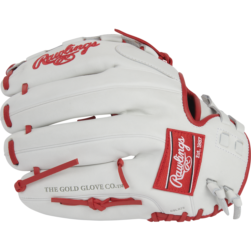 The Rawlings Liberty Advanced 12.5" Fastpitch Glove (RLA125-3S) is a white glove with red accents and stitching, featuring the Rawlings logo and "THE GOLD GLOVE CO. Est. 1887" text on the side.