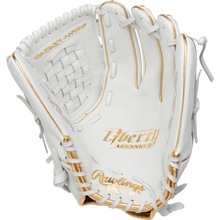 The Rawlings Liberty Advanced 12.5" Fastpitch Glove (RLA125KRG) features a white design with gold accents, detailed lacing, and "Liberty Advanced" plus Basket Web text on the palm and webbing.