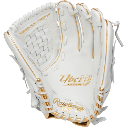 The Rawlings Liberty Advanced 12.5" Fastpitch Glove (RLA125KRG) features a white design with gold accents, detailed lacing, and "Liberty Advanced" plus Basket Web text on the palm and webbing.