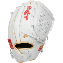 The Rawlings Liberty Advanced 12.5" Fastpitch Glove (RLA125KRG) is a white softball glove with gold accents, red Rawlings logos, woven web design, and detailed stitching.