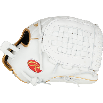The Rawlings Liberty Advanced 12.5" Fastpitch Glove (RLA125KRG) features gold accents, a woven web, and a red Rawlings logo on the side, pictured against a plain white background.