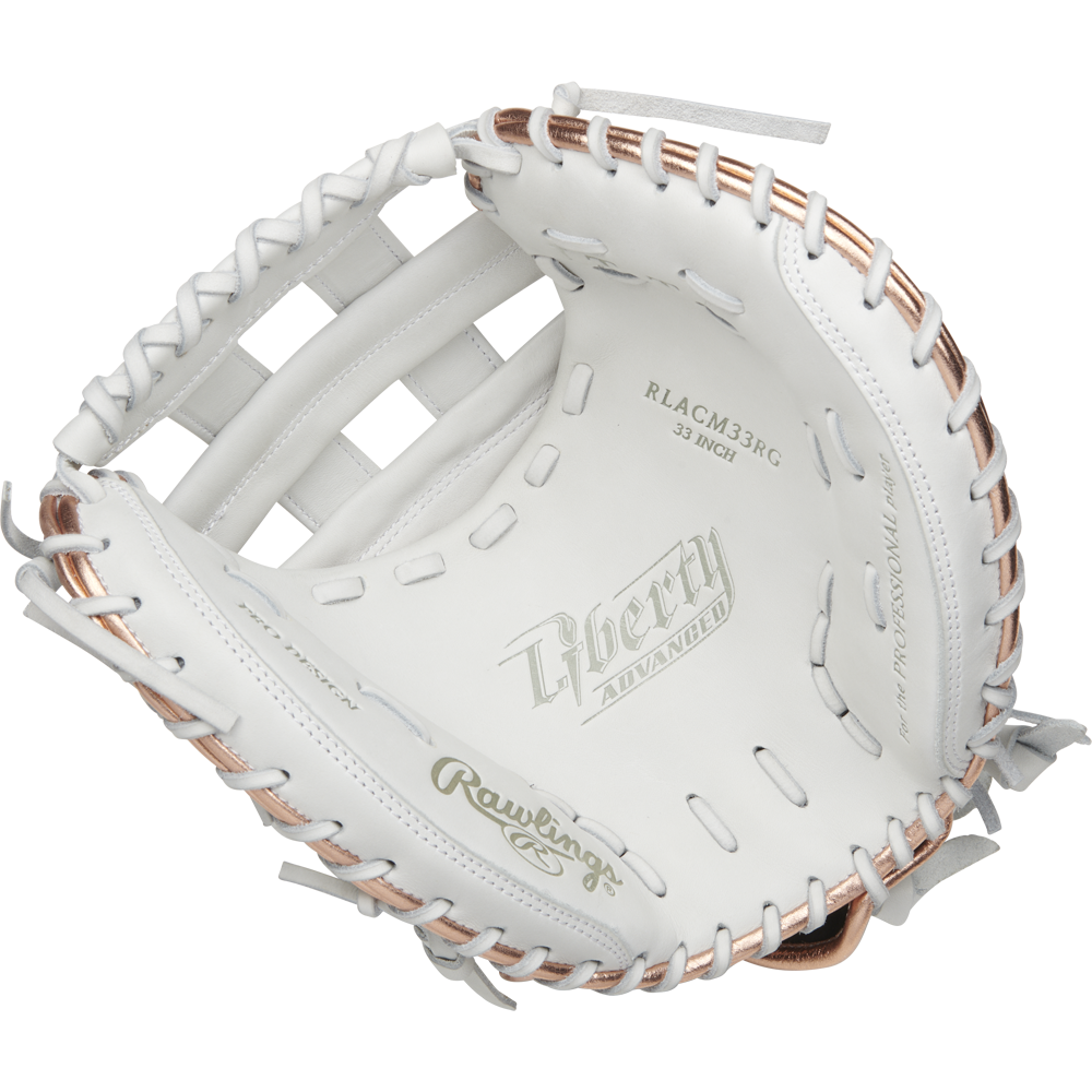The Rawlings Liberty Advanced 33" Fastpitch Catcher's Mitt (RLACM33RG) is white with light gold and rose gold accents, featuring embossed Liberty Advanced and Rawlings logos on the palm.