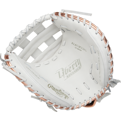 The Rawlings Liberty Advanced 33" Fastpitch Catcher's Mitt (RLACM33RG) is white with light gold and rose gold accents, featuring embossed Liberty Advanced and Rawlings logos on the palm.