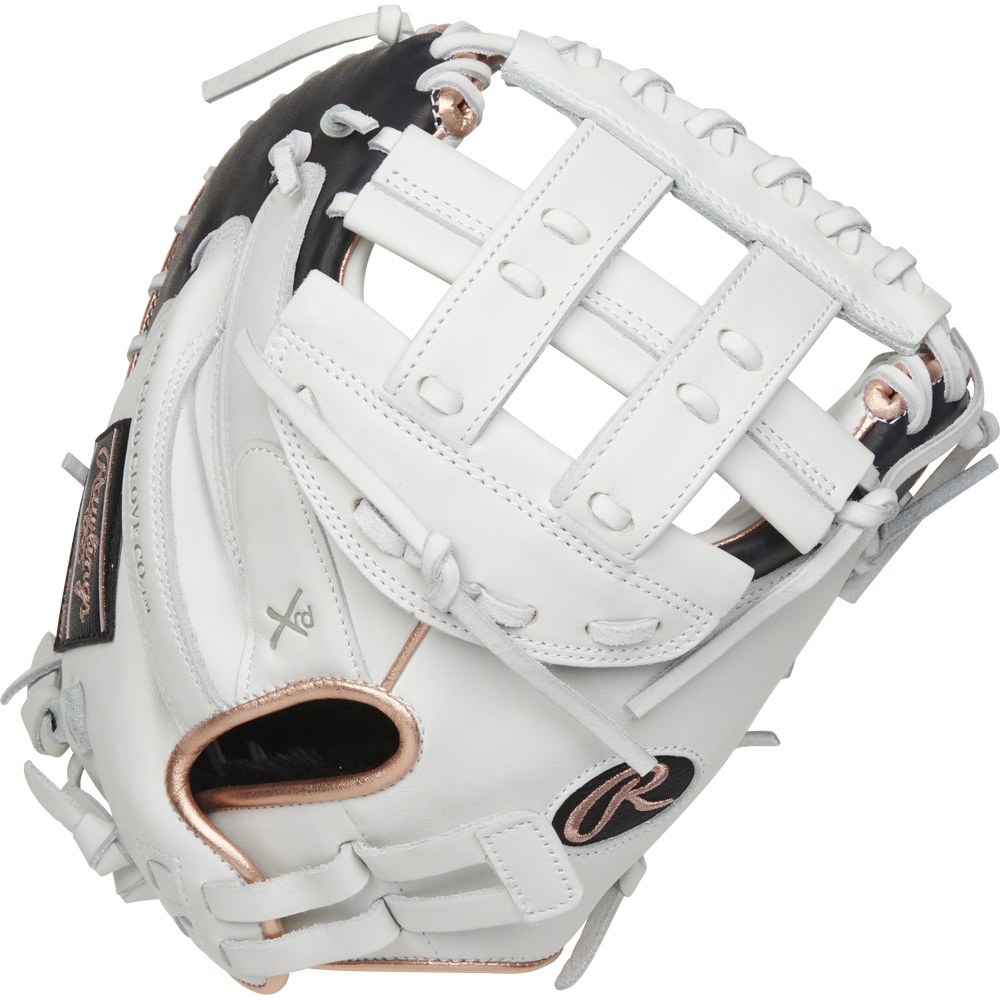 The Rawlings Liberty Advanced 33" Fastpitch Catcher's Mitt (RLACM33RG) features white leather with light gray and metallic rose gold accents, a large web, and standout stitching—crafted for top performance behind the plate.