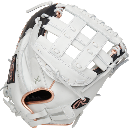 The Rawlings Liberty Advanced 33" Fastpitch Catcher's Mitt (RLACM33RG) features white leather with light gray and metallic rose gold accents, a large web, and standout stitching—crafted for top performance behind the plate.