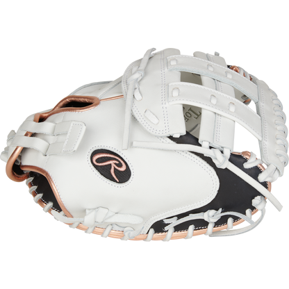 The Rawlings Liberty Advanced 33" Fastpitch Catcher's Mitt (RLACM33RG) is a white and black glove with gold accents, open web design, and visible stitching details.