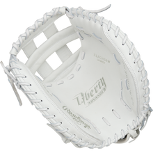 The Rawlings Liberty Advanced 34" Fastpitch Catcher's Mitt (RLACM34W) is shown from above, featuring a deep pocket, wide webbing, and detailed stitching. The Rawlings and Liberty Advanced logos appear inside the glove.
