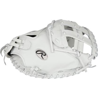 A Rawlings Liberty Advanced 34" Fastpitch Catcher's Mitt (RLACM34W) in white leather with visible stitching and laces, featuring the Rawlings R logo on the palm, is displayed against a plain white background.
