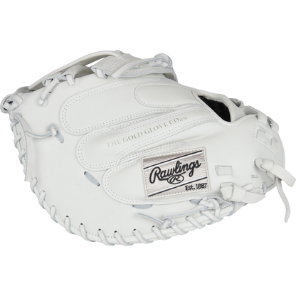 A white Rawlings Liberty Advanced 34" Fastpitch Catcher's Mitt (RLACM34W) with silver laces, THE GOLD GLOVE CO. embossed on the palm, and a Rawlings patch marked Est. 1887 on the back.