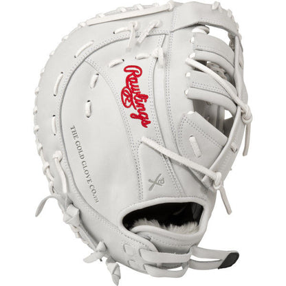 A Rawlings Liberty Advanced 13" Fastpitch First Base Mitt (RLAFB) in white with red stitching, branding, edge laces, webbing, and "THE GOLD GLOVE CO." printed on the side.