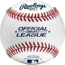 The Rawlings ROLB1 Official League Baseball features red stitching, blue "OFFICIAL LEAGUE" text, and the Rawlings logo on classic white leather—ideal for youth baseball.