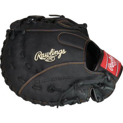 The Rawlings Renegade 12.5" First Base Mitt (RFBMB) is a black leather glove featuring tan stitching, a red Rawlings logo patch, and embroidered "Rawlings" and "THE GOLD GLOVE CO." on this game-ready mitt.