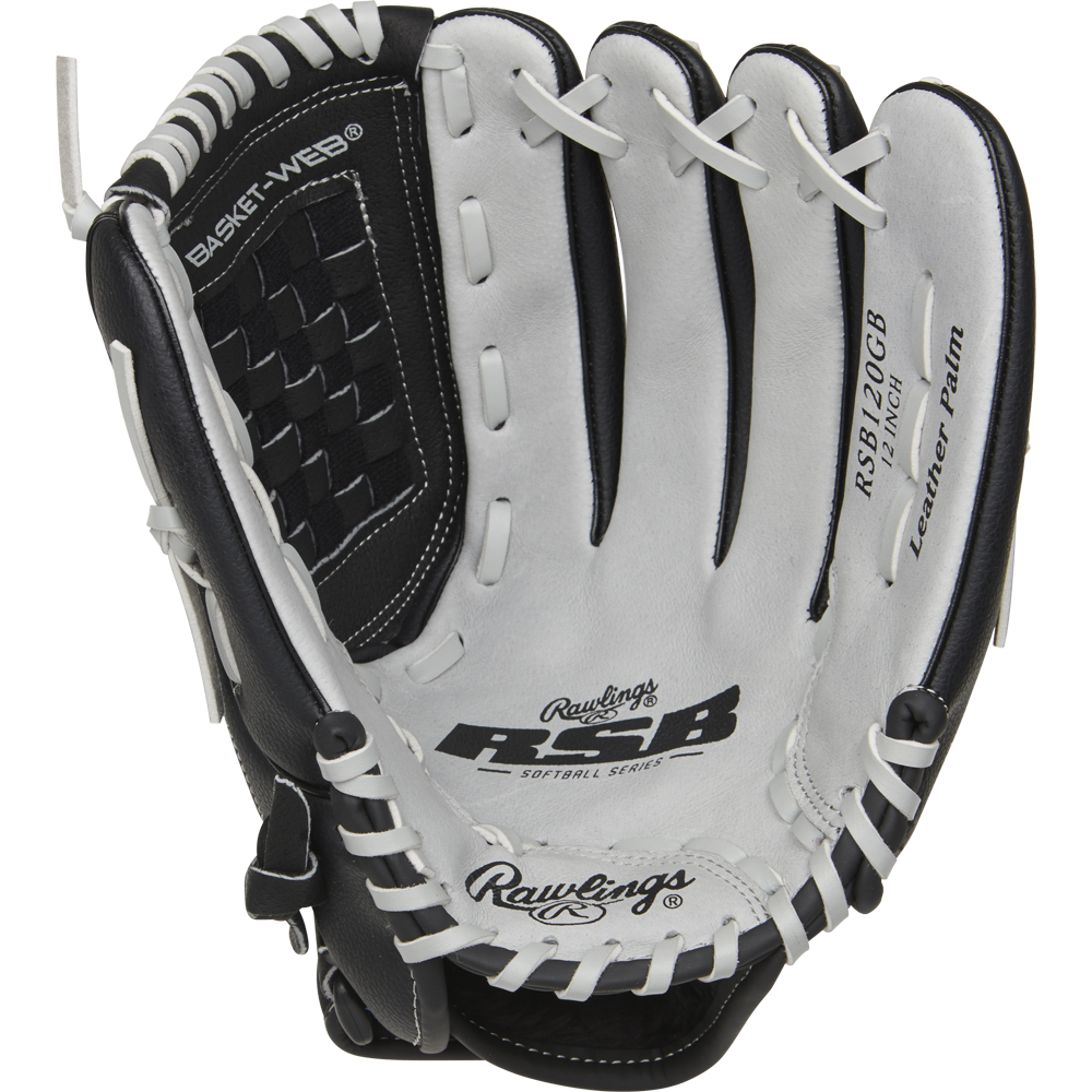 The Rawlings RSB 12" Slowpitch Glove (RSB120GB) features a black and white design, visible stitching, "Leather Palm" printed inside, and a woven basket web—ideal for slow pitch softball.