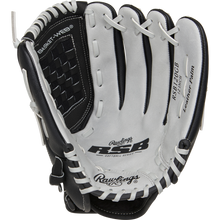 The Rawlings RSB 12" Slowpitch Glove (RSB120GB) features a black and white design, visible stitching, "Leather Palm" printed inside, and a woven basket web—ideal for slow pitch softball.
