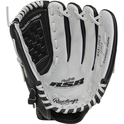 The Rawlings RSB 12" Slowpitch Glove (RSB120GB) features a black and white design, visible stitching, "Leather Palm" printed inside, and a woven basket web—ideal for slow pitch softball.