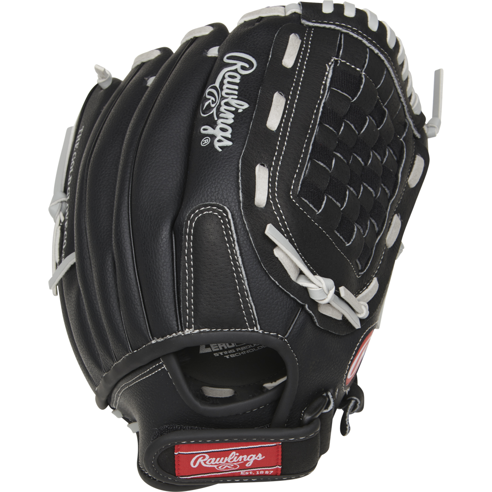 The Rawlings RSB 12" Slowpitch Glove (RSB120GB) is a black glove with white laces and stitching, plus Rawlings logos on the wrist strap and back—ideal for slow pitch softball players.