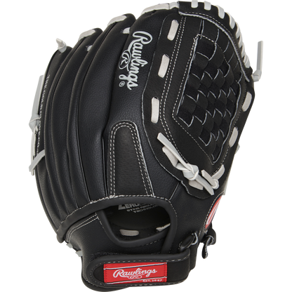 The Rawlings RSB 12" Slowpitch Glove (RSB120GB) is a black glove with white laces and stitching, plus Rawlings logos on the wrist strap and back—ideal for slow pitch softball players.