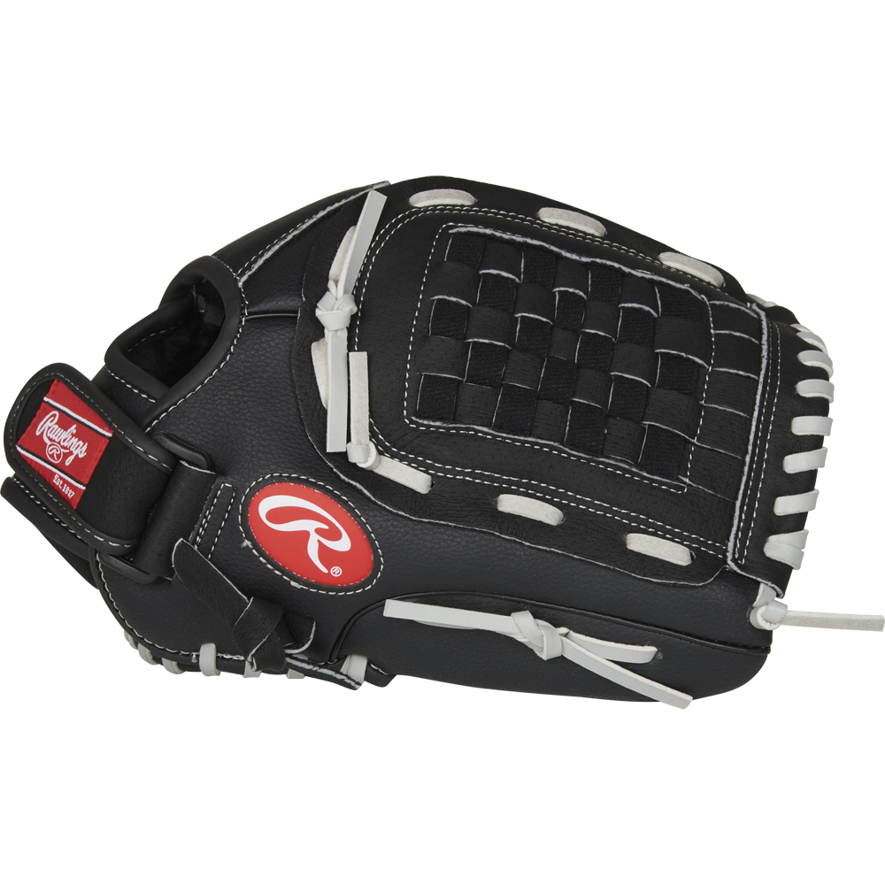 The Rawlings RSB 12" Slowpitch Glove (RSB120GB) is a black glove with white stitching, woven web, and red Rawlings logo on the thumb—perfect for slow pitch softball.