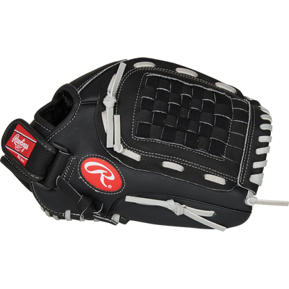 The Rawlings RSB 12" Slowpitch Glove (RSB120GB) is a black glove with white stitching, woven web, and red Rawlings logo on the thumb—perfect for slow pitch softball.