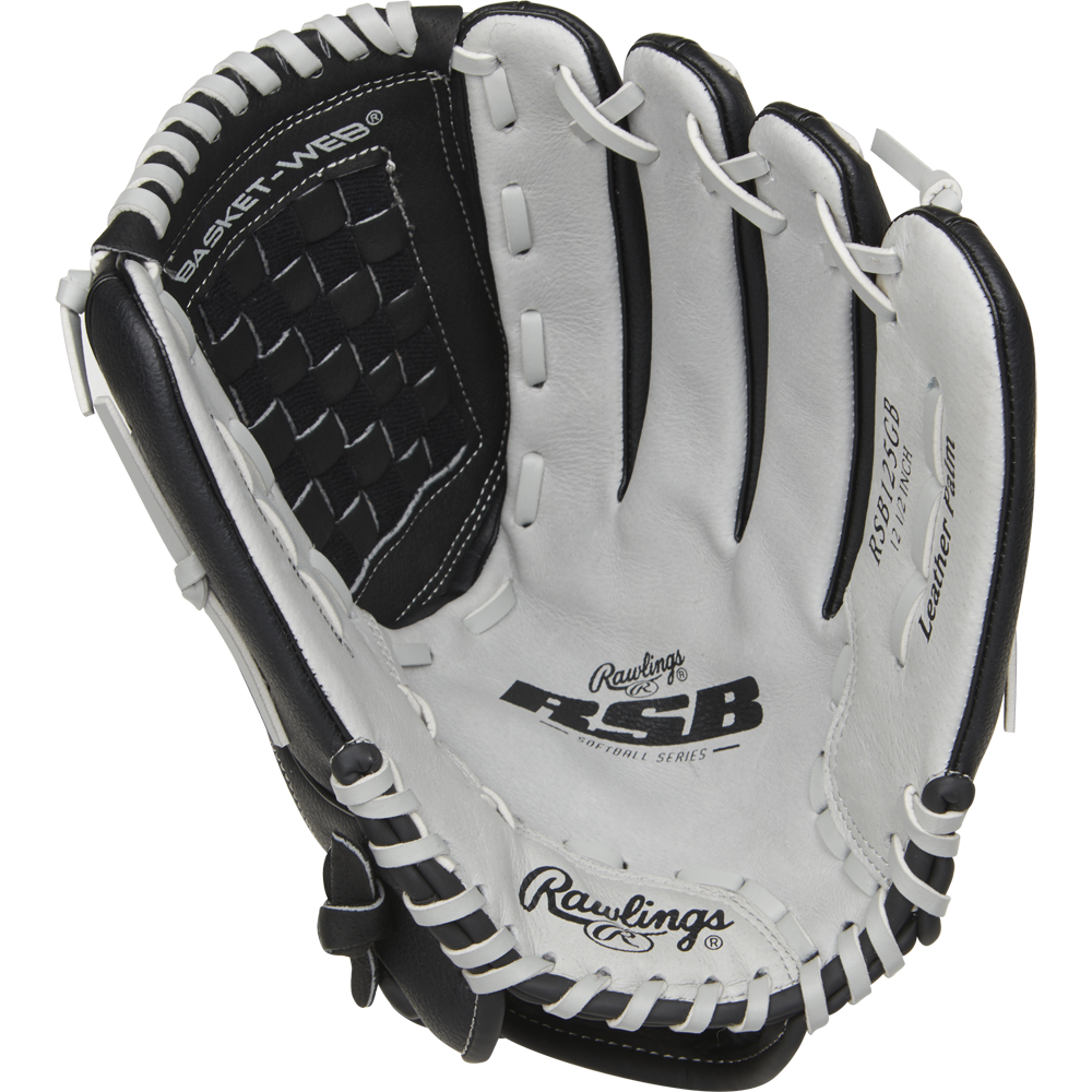 A close-up of the Rawlings RSB 12.5" Slowpitch Glove (RSB125GB) in black and white, showcasing the Basket-Web design, detailed stitching, and iconic Rawlings logo—a quality choice for slow pitch softball players seeking style.