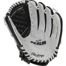 A close-up of the Rawlings RSB 12.5" Slowpitch Glove (RSB125GB) in black and white, showcasing the Basket-Web design, detailed stitching, and iconic Rawlings logo—a quality choice for slow pitch softball players seeking style.
